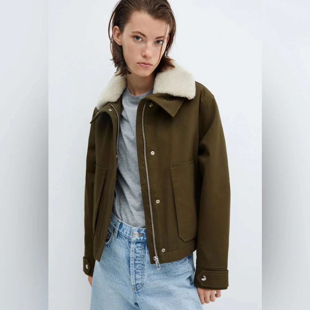 Mango Oversized Khaki Parka Faux Fur Collar Jacket NWT Small - Picture 2 of 14